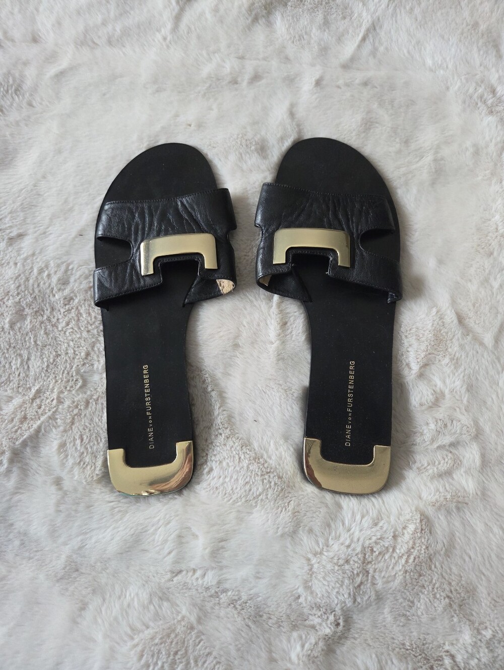 Diane Von Furstenberg Black Leather Slide Sandals with Gold Hardware